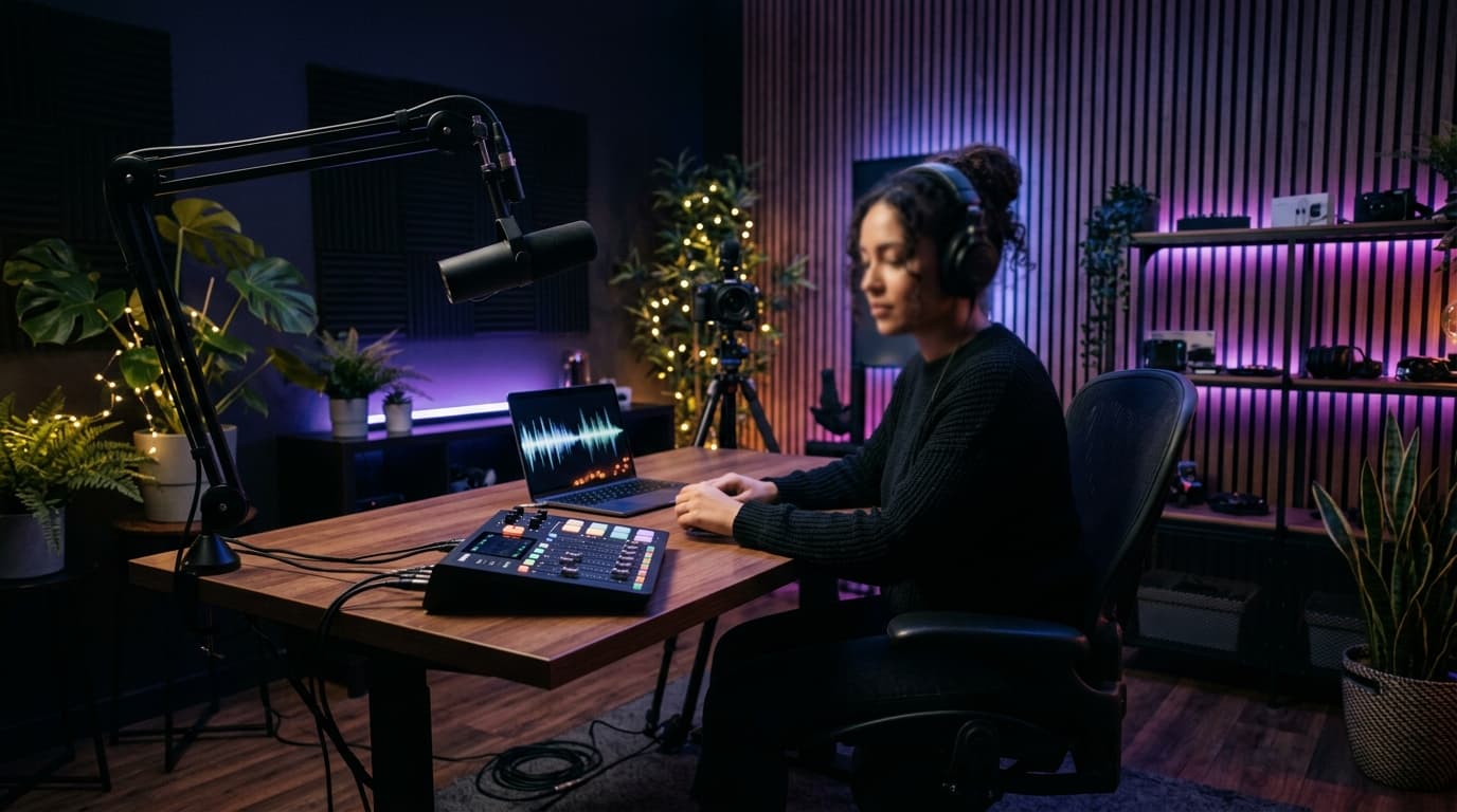 Una creadora grabando en un estudio casero con luz índigo