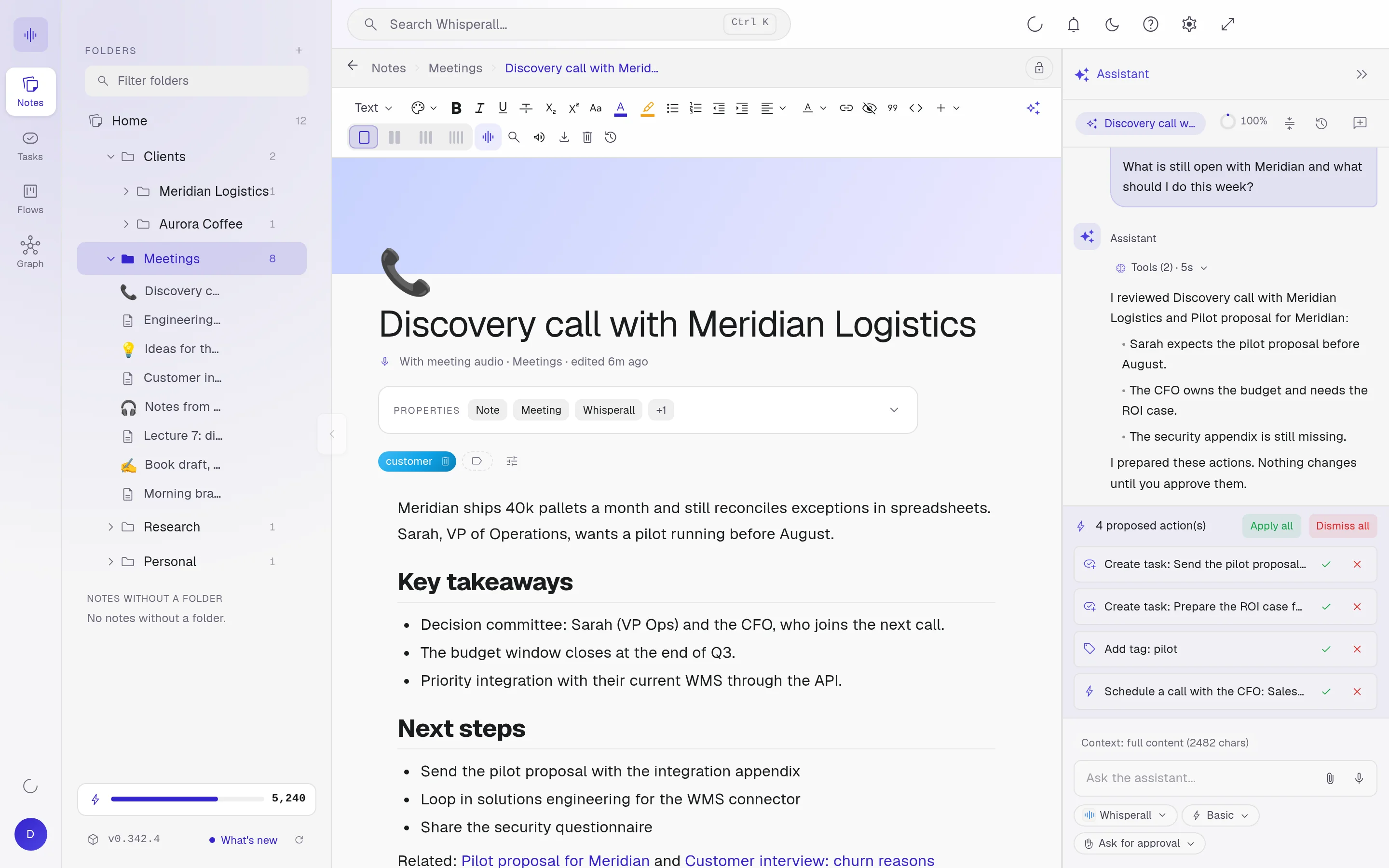 A call note with key takeaways and next steps, with the assistant beside it