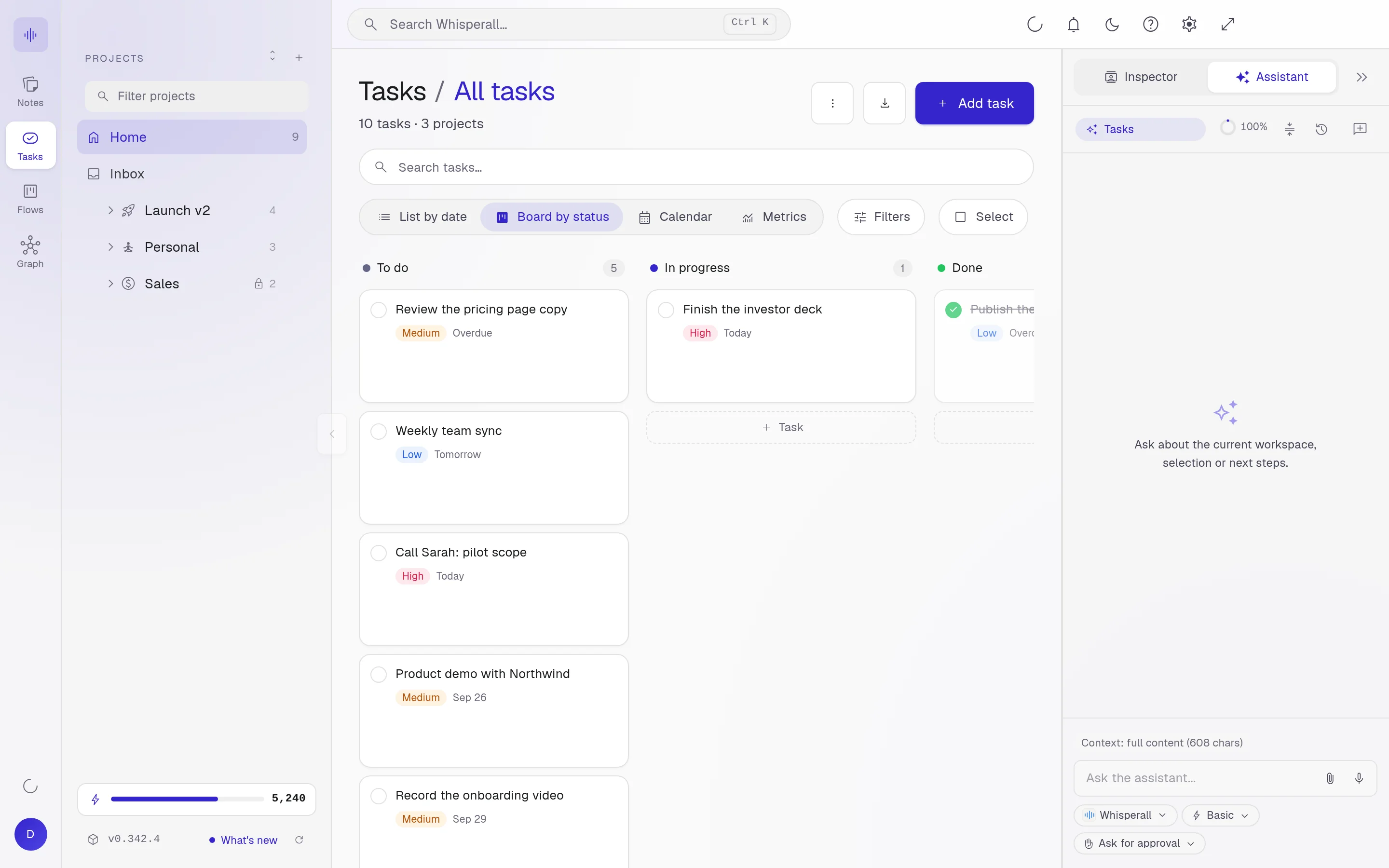 Whisperall task board by status