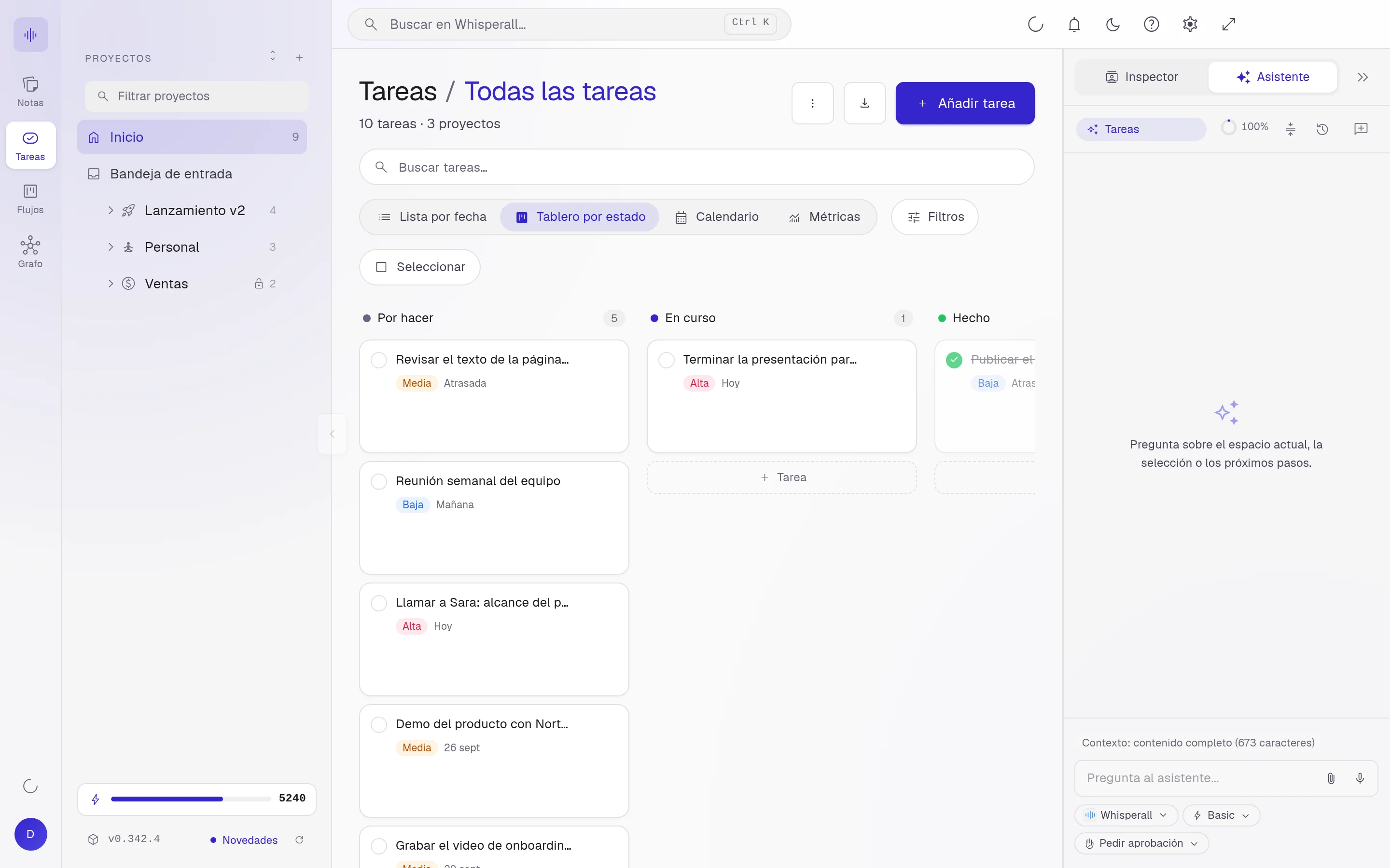 Tablero de tareas de Whisperall por estado