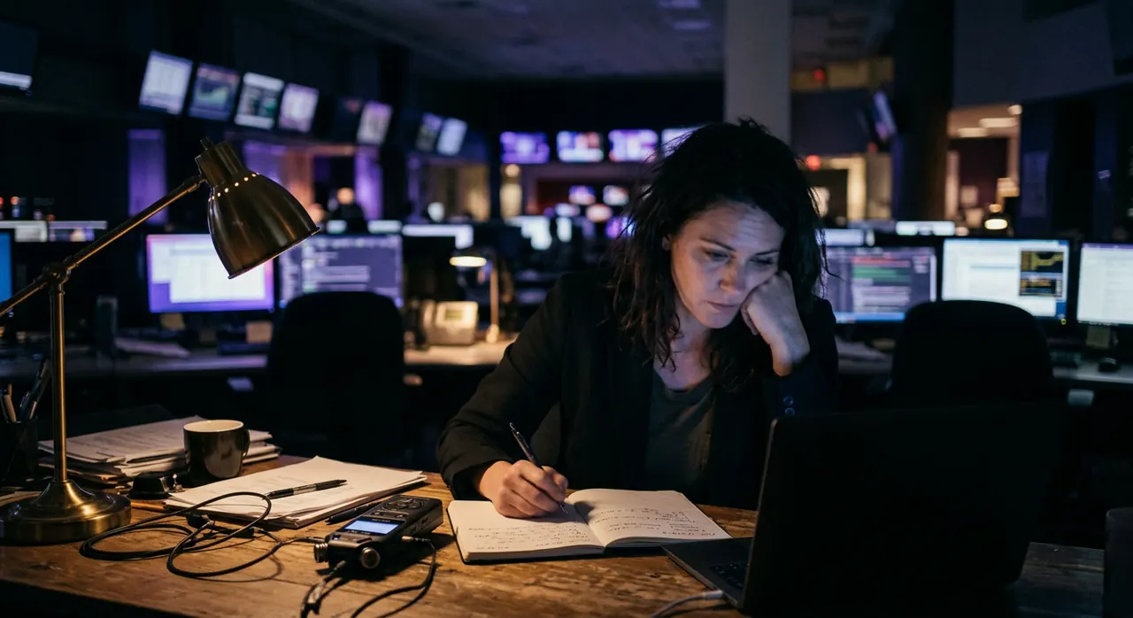 A journalist taking notes next to her audio recorder in a dark newsroom