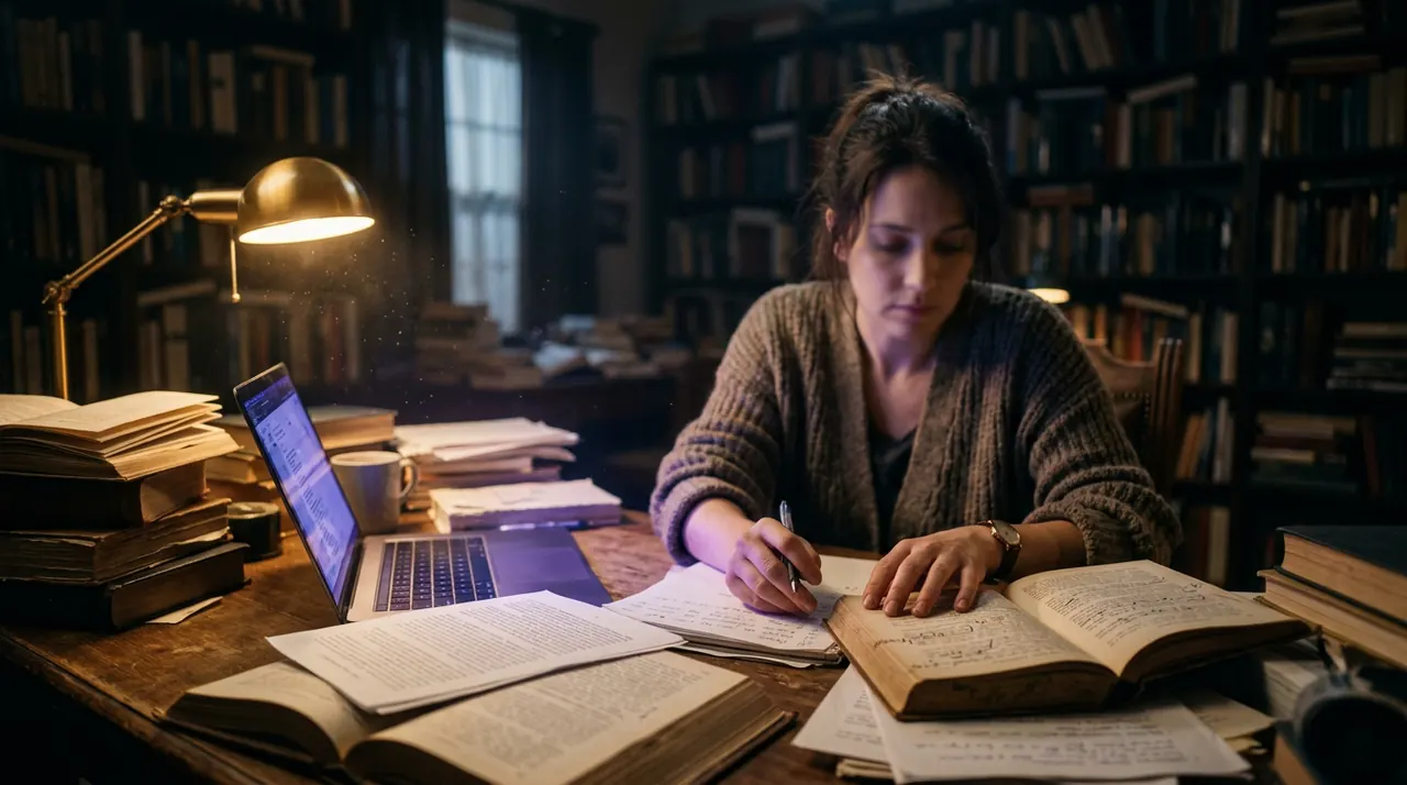A researcher writing among open books and papers at night