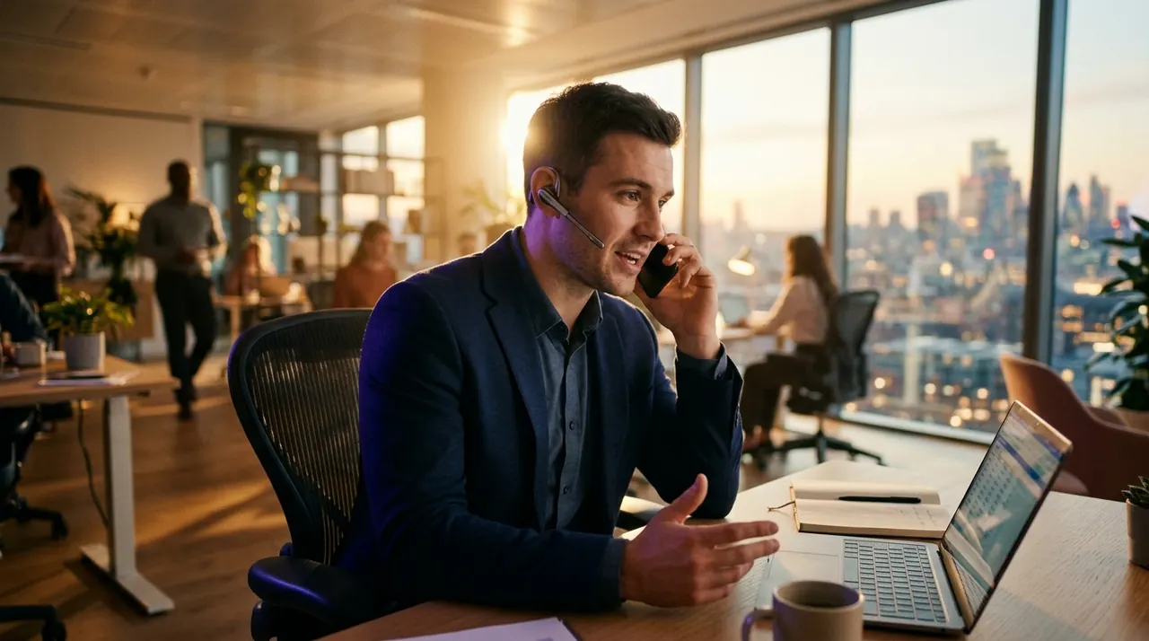 A sales rep on a phone call in a bright office at golden hour, laptop open