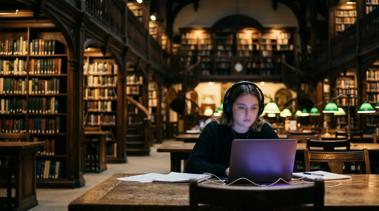 Una estudiante con audífonos frente a su laptop en una biblioteca antigua
